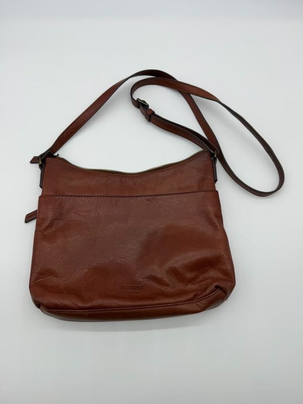 MARGOT Cognac Brown Supple Leather Boho Zip Messenger Crossbody Bag Purse